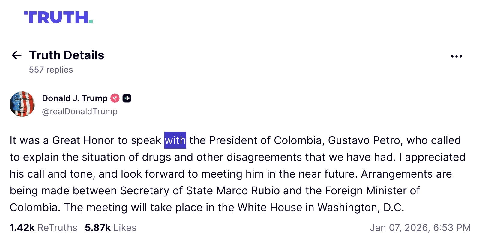 Trump confirma diálogo directo con Petro sobre drogas y desacuerdos