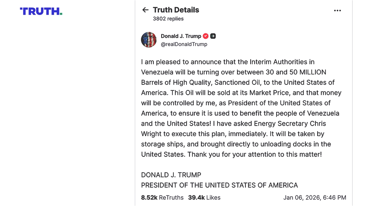 Trump anuncia transferencia de hasta 50 millones de barriles de petróleo venezolano a E.U.